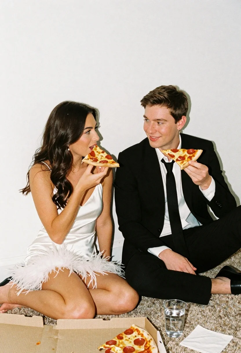 Young couple eating pepperoni pizza on a carpeted floor indoors - AI generated image prompt sample
