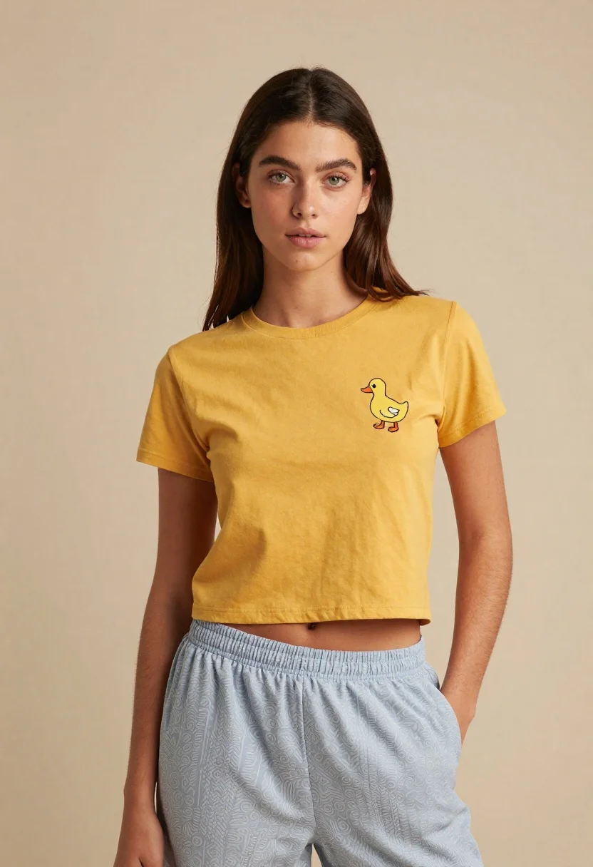 Young woman in mustard yellow crop top standing against beige wall - AI generated image prompt sample