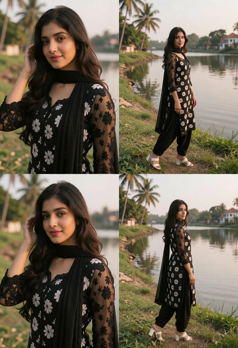 Young woman in black floral kurta by calm riverbank at late afternoon - AI generated image prompt sample