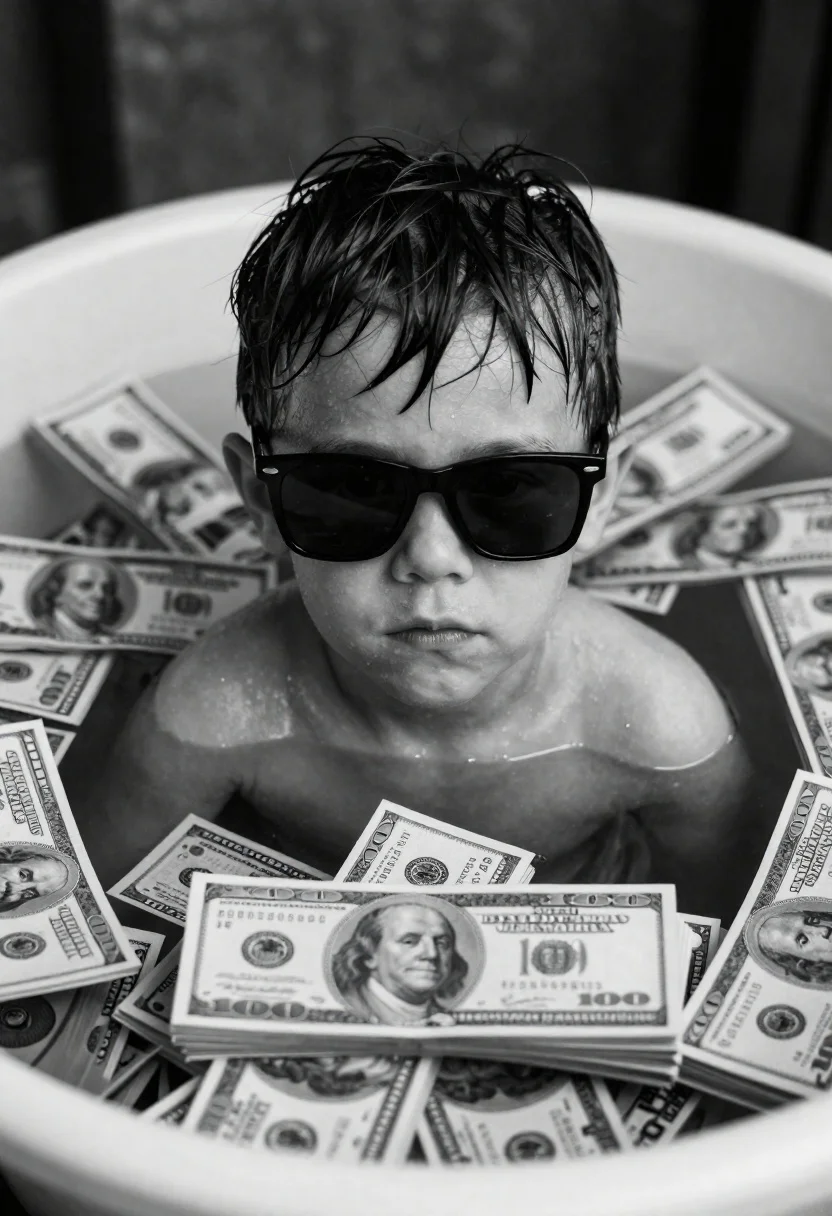 Close up portrait of young boy submerged in hundred dollar bills - AI generated image prompt sample