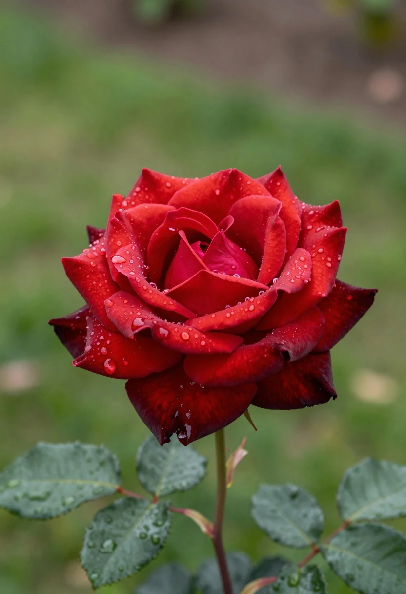 Macro photograph of deep crimson rose petals covered in glistening water droplets - AI generated image prompt sample