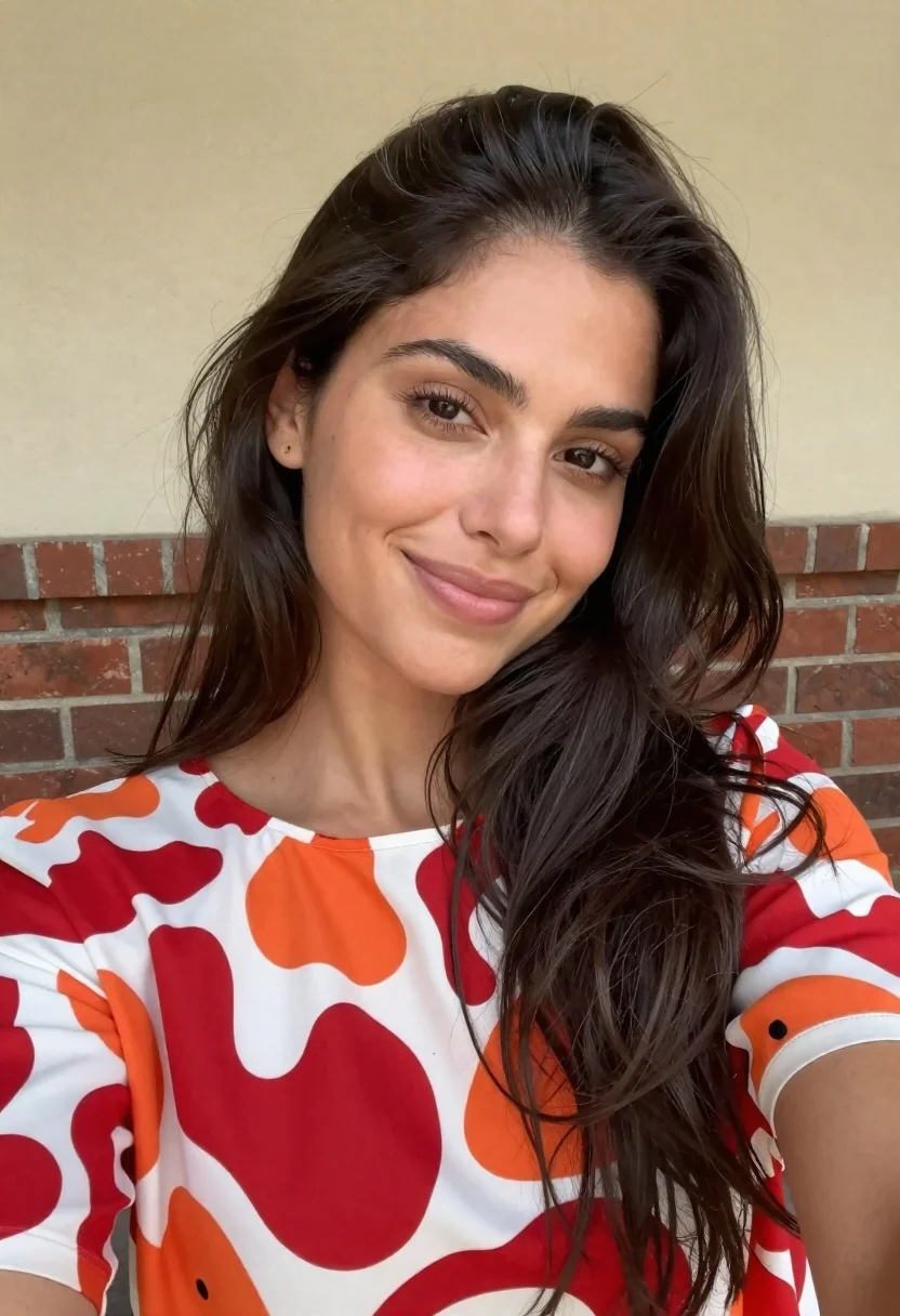 Close up selfie of woman with dark hair smiling against beige brick