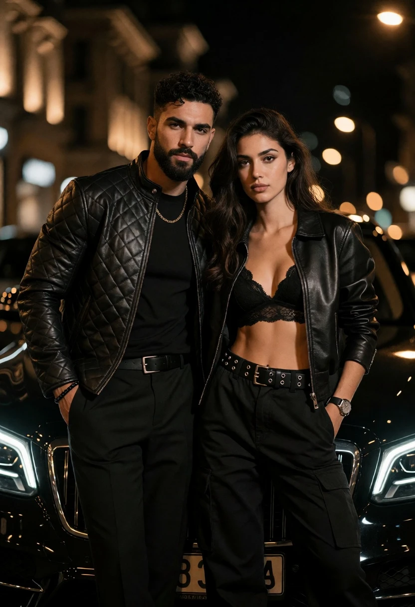 Stylish couple posing confidently near luxury black car on dark city street - AI generated image prompt sample