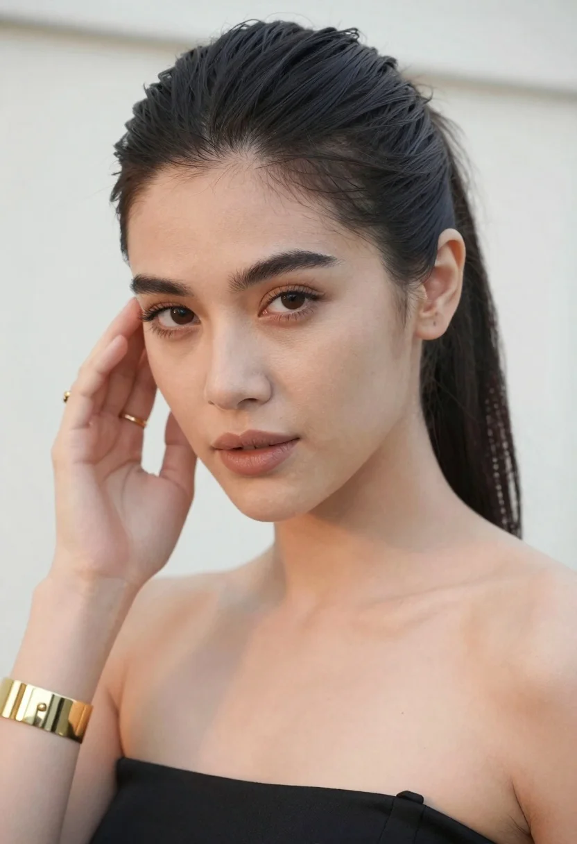 Close up portrait of woman with dark hair touching ear wearing gold