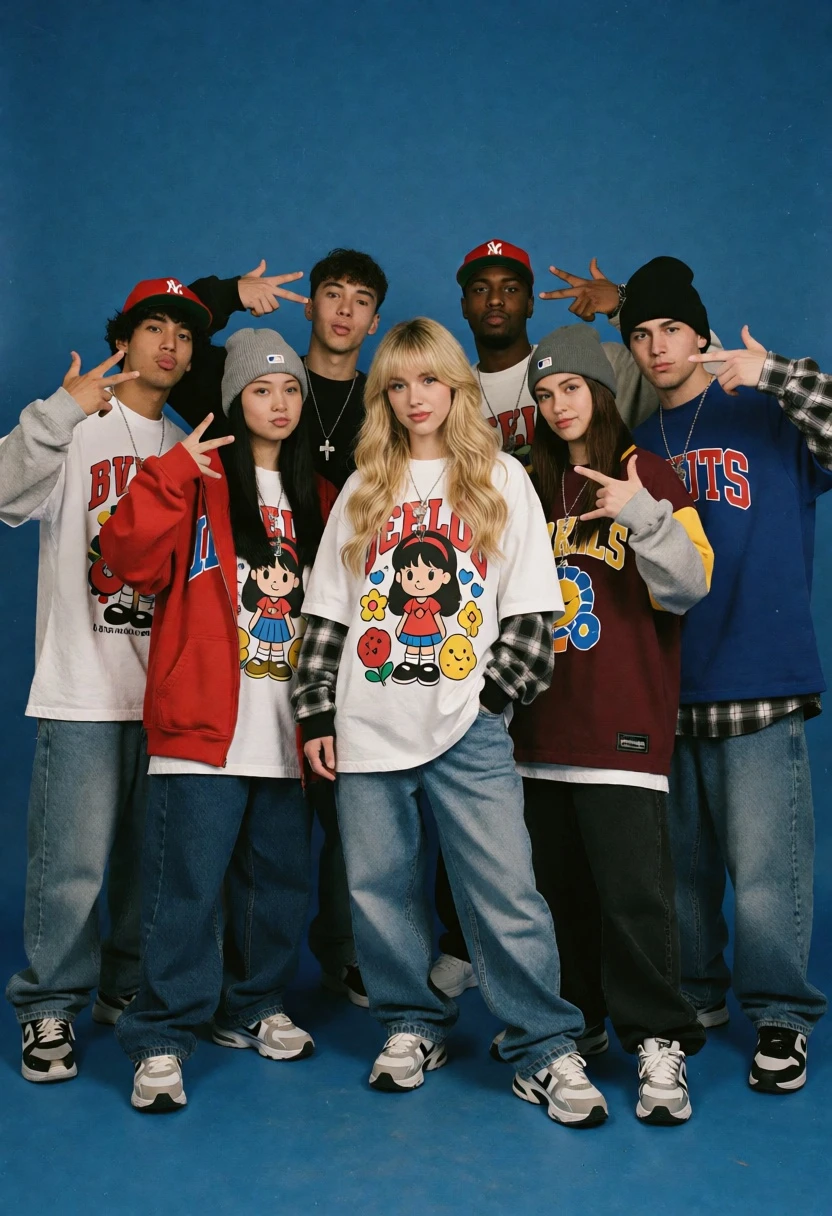 Group of seven young people in 90s streetwear against a solid blue - AI generated image prompt sample