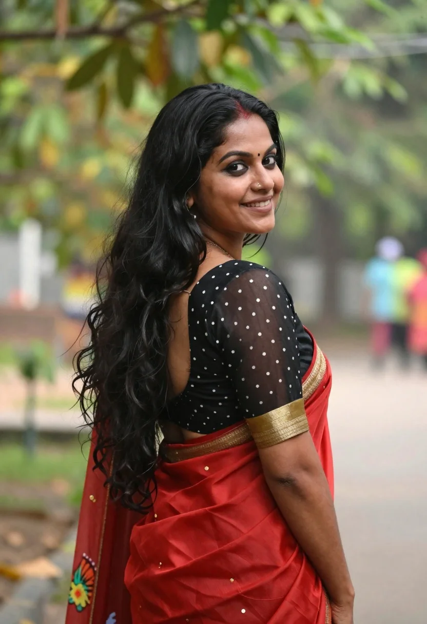 Smiling woman in red saree looking back over shoulder in garden