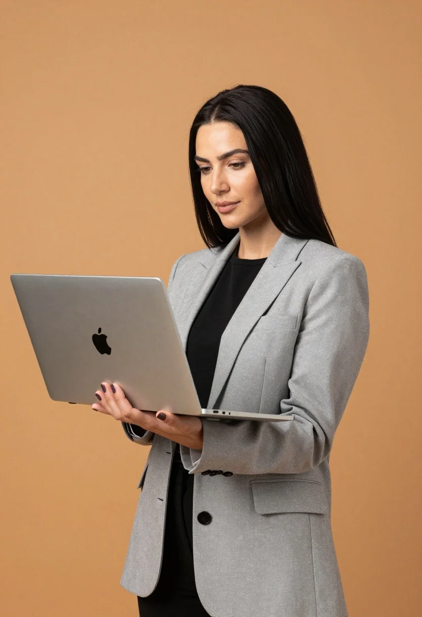 Professional woman with dark hair holding open silver laptop against orange background - AI generated image prompt sample