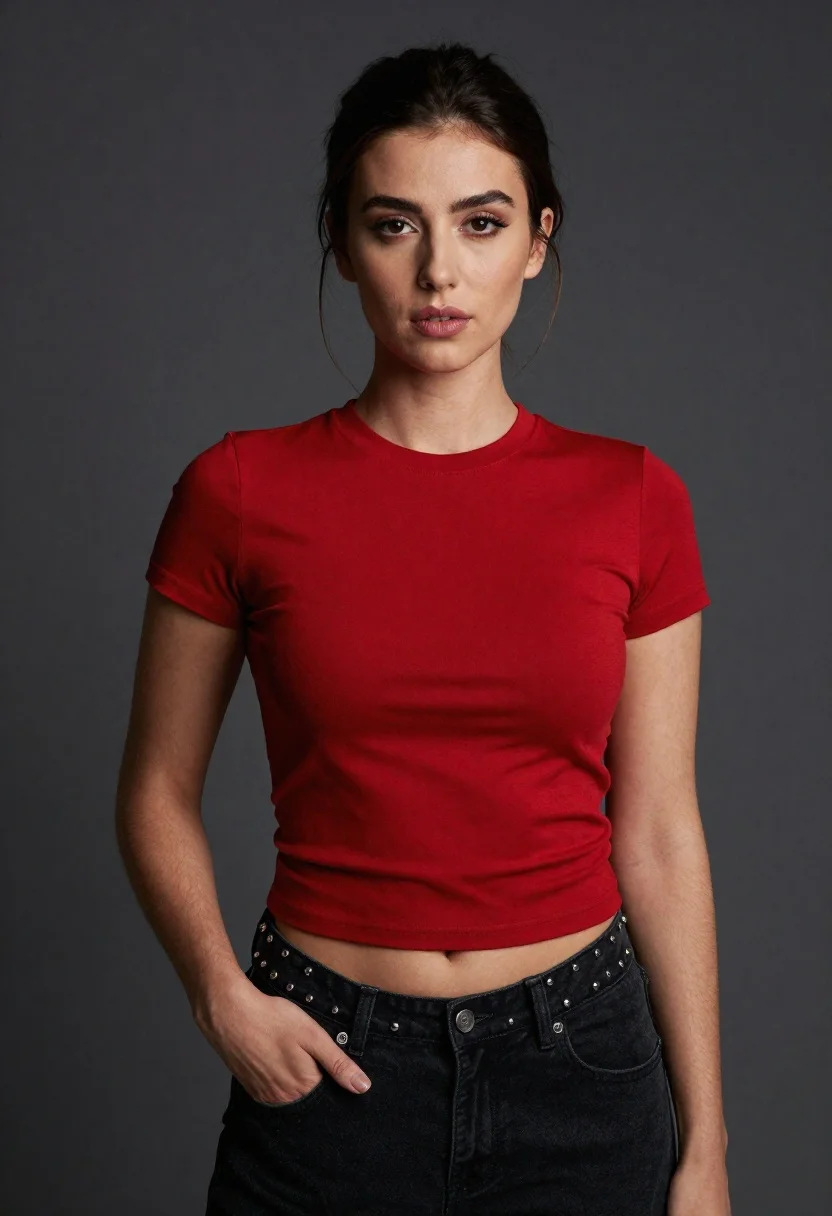 Stylish woman in red crop top with black jeans studio portrait - AI generated image prompt sample