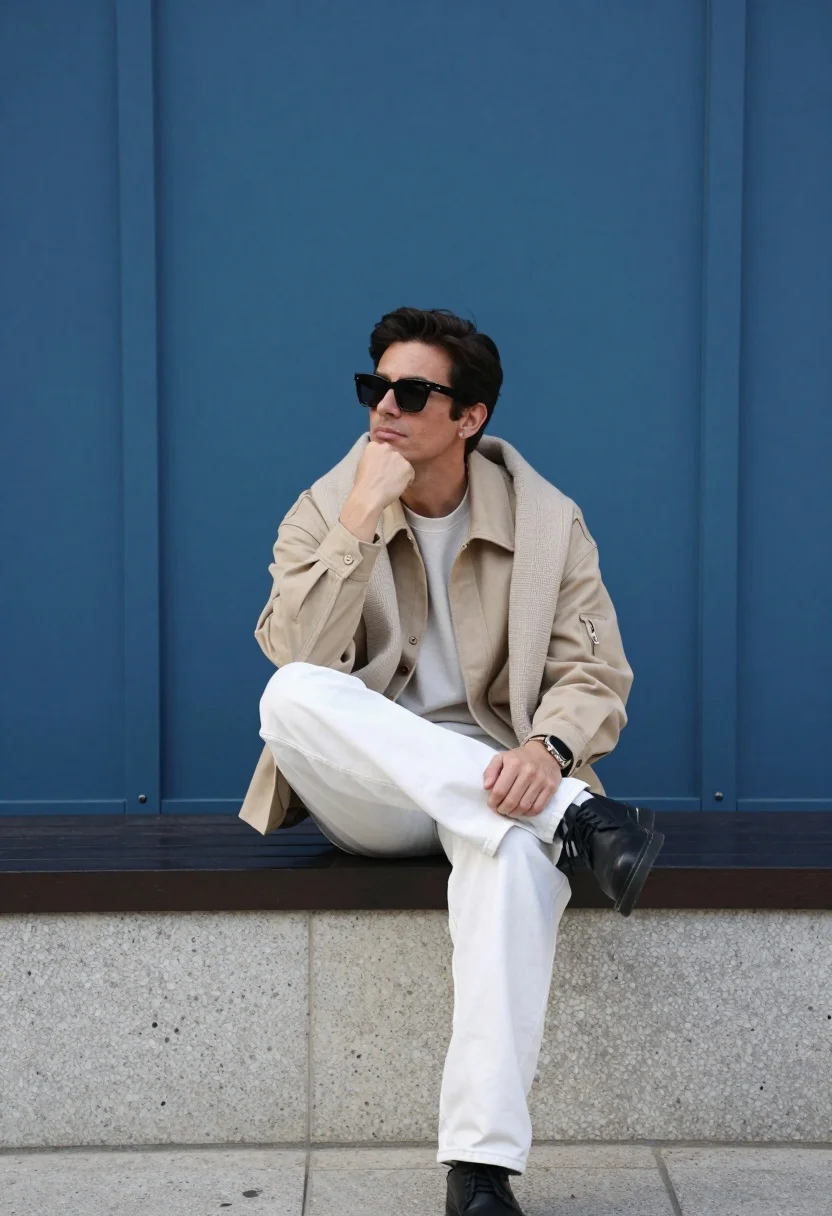 Man sitting thoughtfully on bench against solid blue paneled wall - AI generated image prompt sample