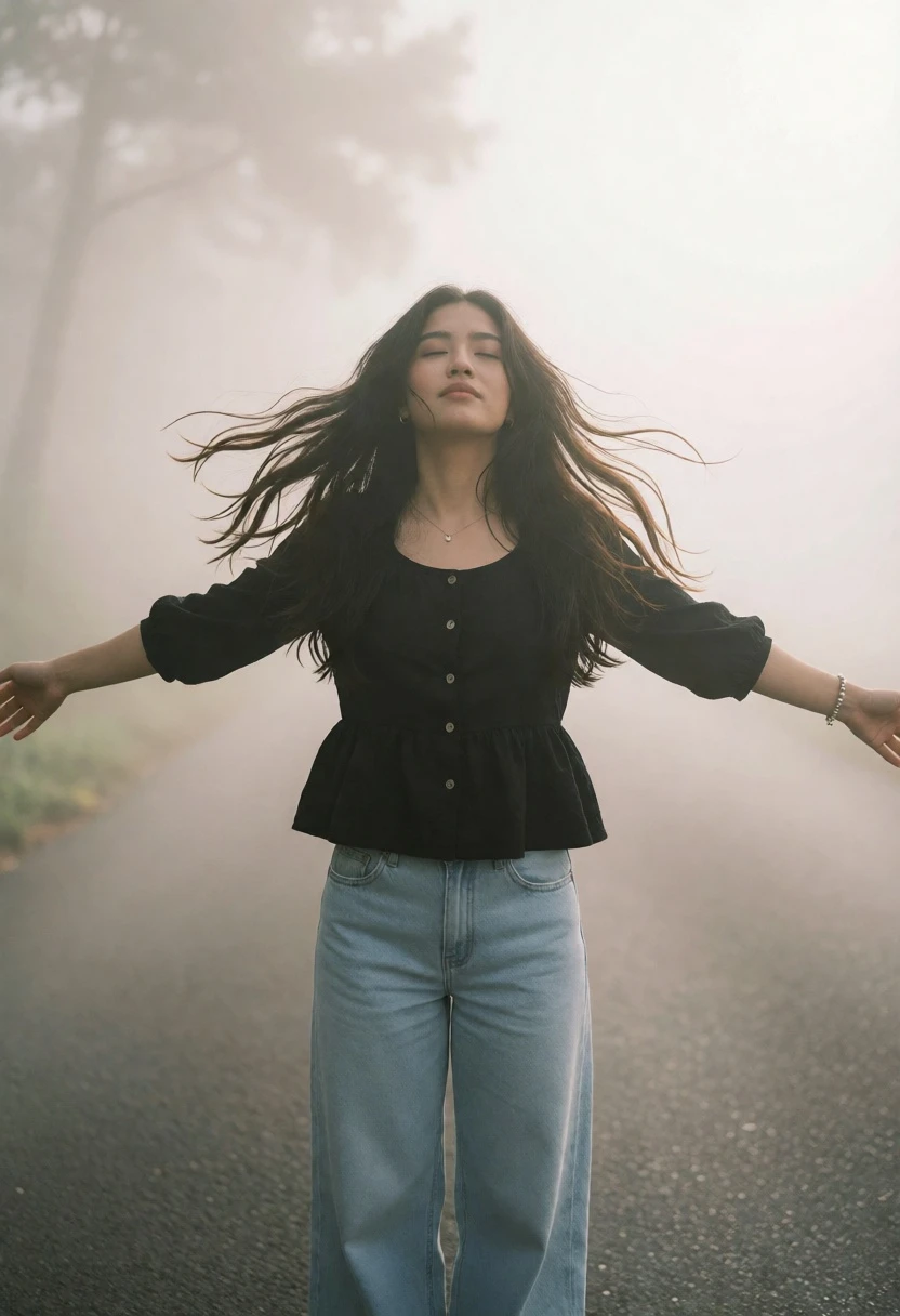 Young woman standing with arms wide open in dense white fog on - AI generated image prompt sample