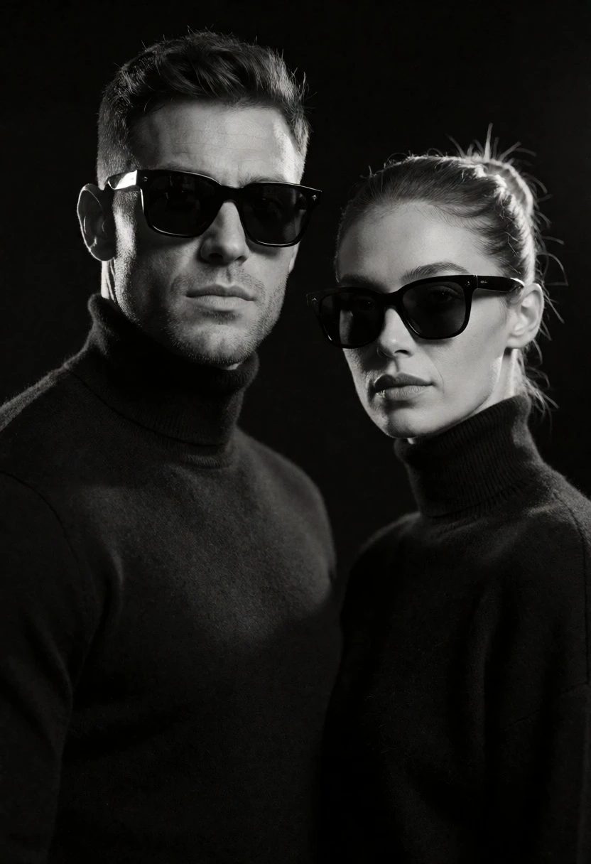 High contrast black and white studio portrait of man and woman - AI generated image prompt sample