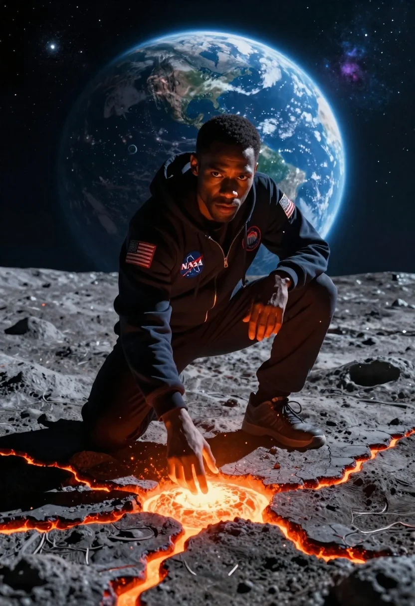 Man crouching on moon surface near lava glow