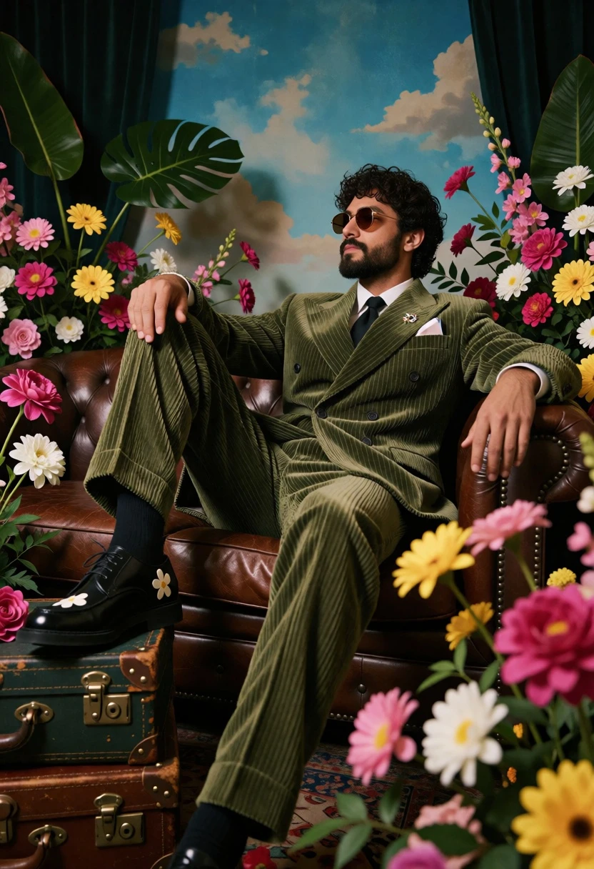 Man in green corduroy suit lounging on sofa amidst lush flowers - AI generated image prompt sample