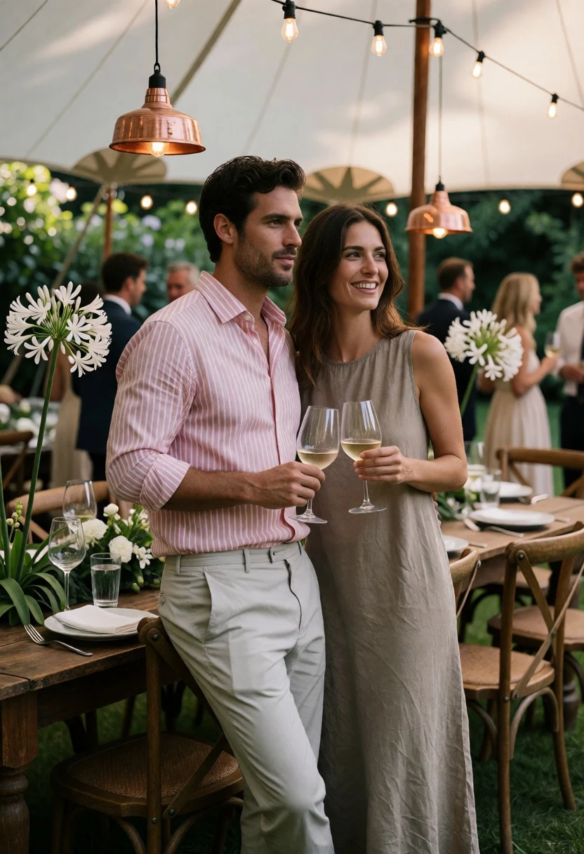 Couple at an elegant garden party under white tent with flowers - AI generated image prompt sample