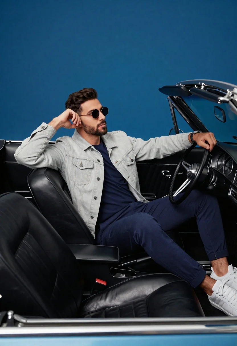 Stylish man in vintage convertible against blue background