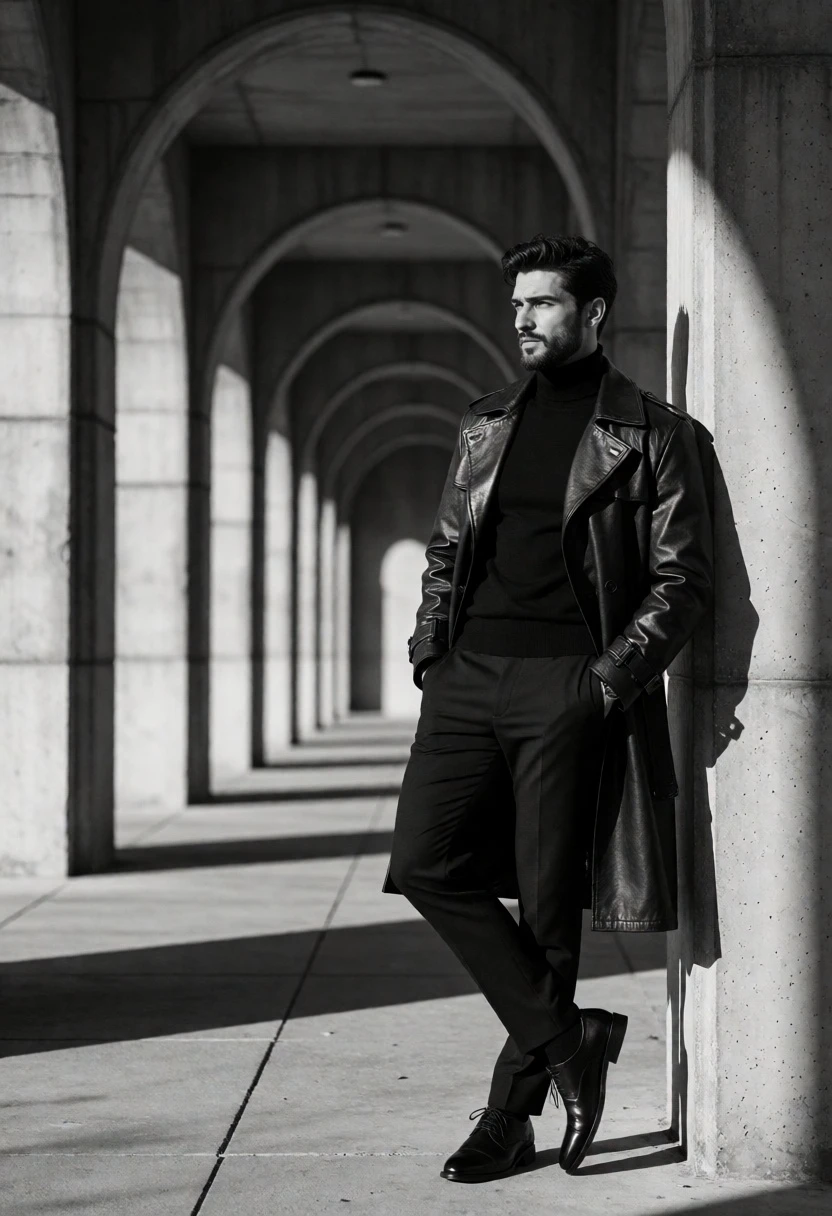 Black and white photograph of stylish man in trench coat against arched - AI generated image prompt sample