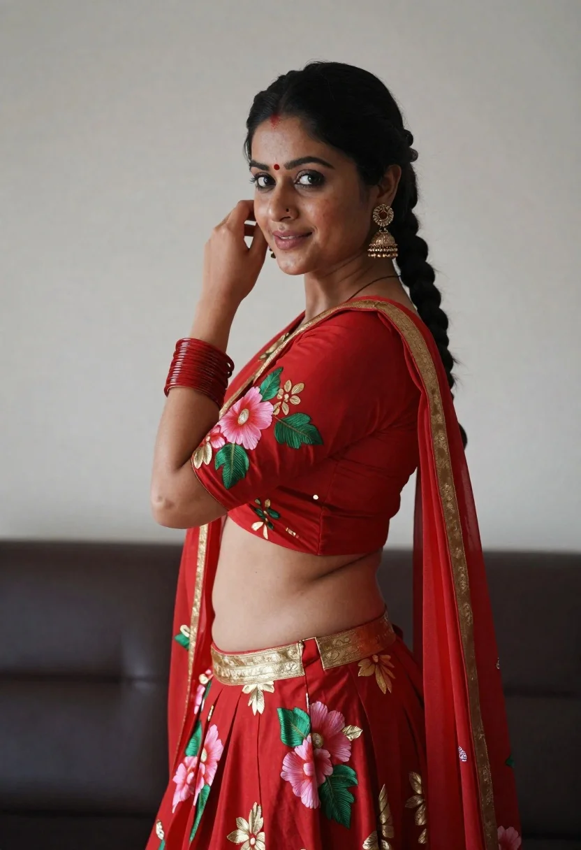 Woman in red lehenga choli looking over shoulder indoors