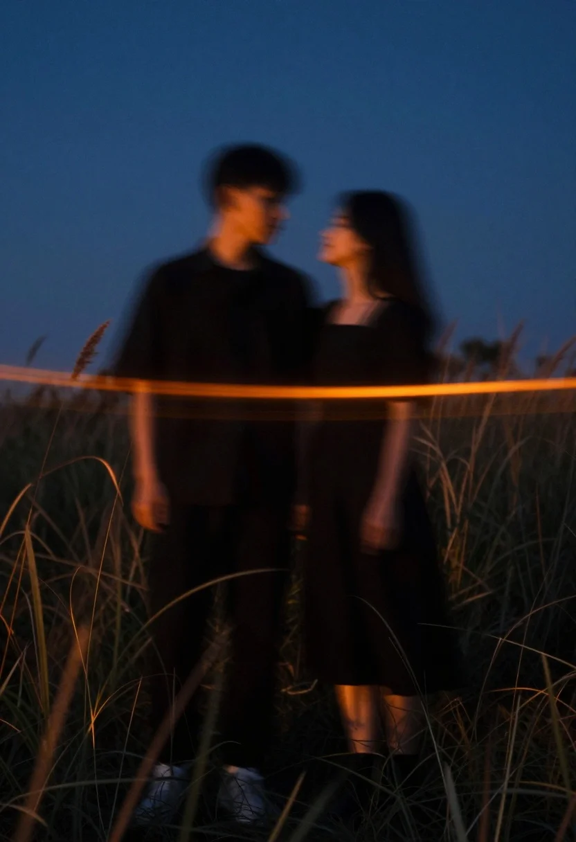 Two silhouetted figures embracing in tall grass at twilight motion blur - AI generated image prompt sample