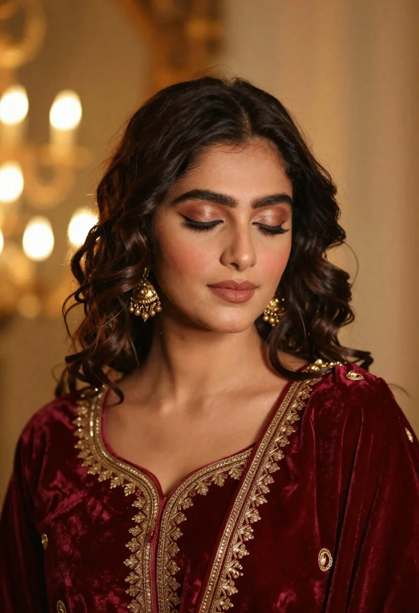 Portrait of young woman in red velvet dress with gold jewelry - AI generated image prompt sample