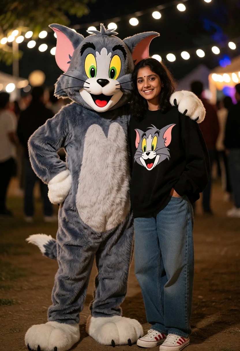 Young woman smiling beside large cat mascot at outdoor night event - AI generated image prompt sample