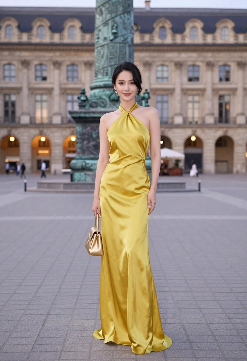 Confident woman in yellow halter gown standing in grand european plaza - AI generated image prompt sample