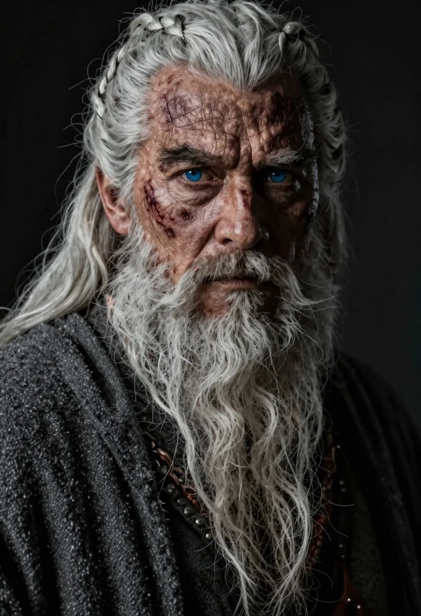 Hyperrealistic portrait of ancient warrior with blue eyes