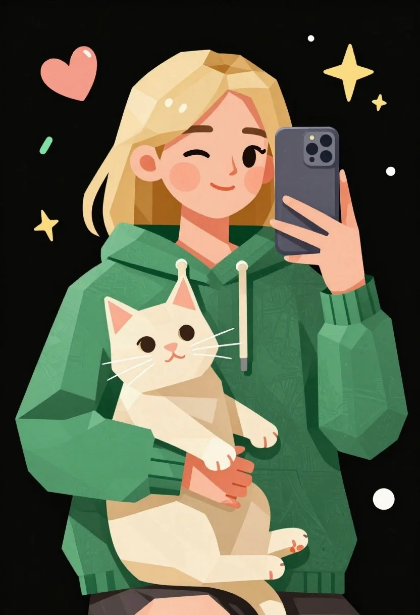 Low poly illustration of girl taking selfie with cat on black background - AI generated image prompt sample