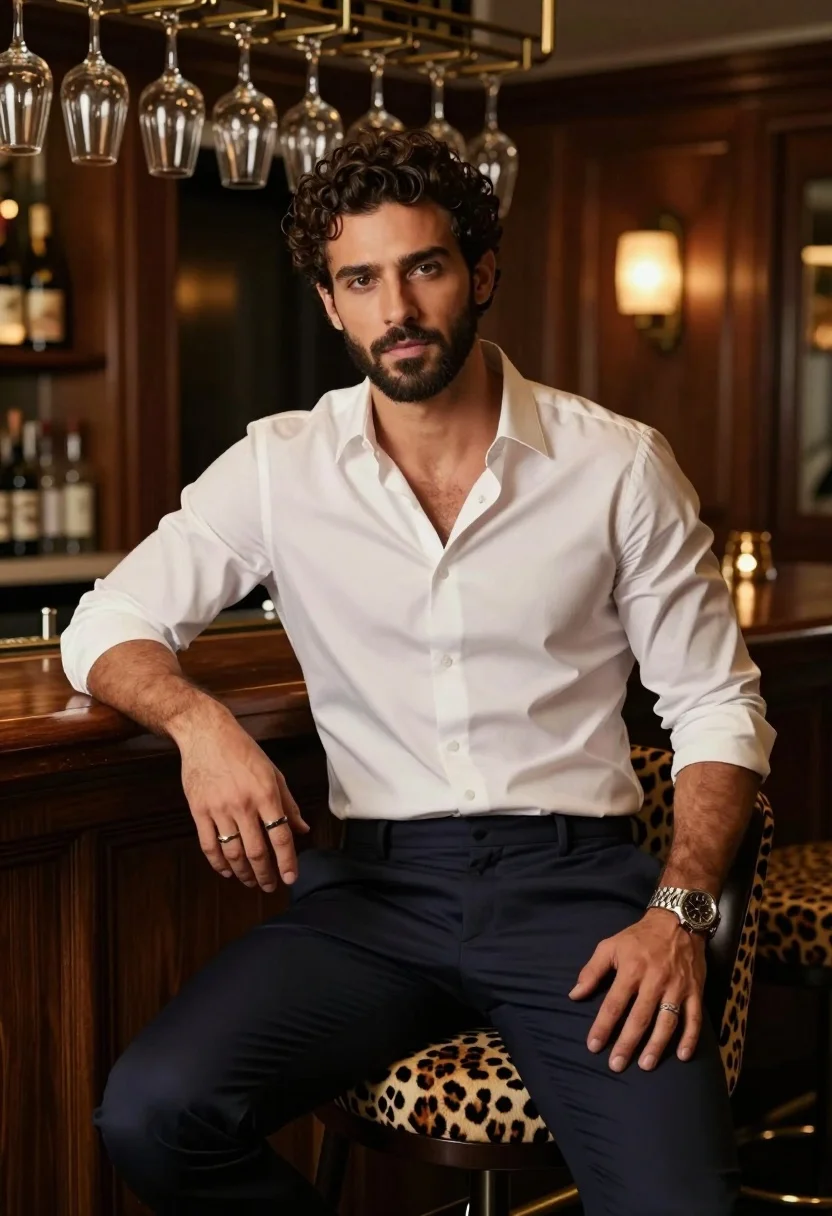 Handsome man with dark curly hair seated in upscale dimly lit lounge - AI generated image prompt sample