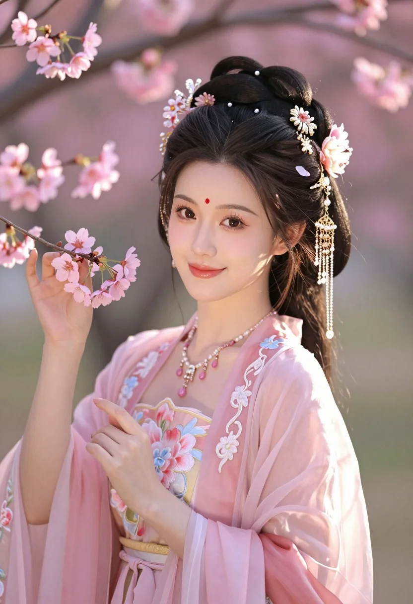 Young east asian woman in pink hanfu amidst blooming cherry blossoms garden - AI generated image prompt sample