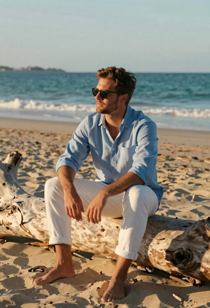 Handsome man sitting on driftwood at sandy beach during golden hour - AI generated image prompt sample
