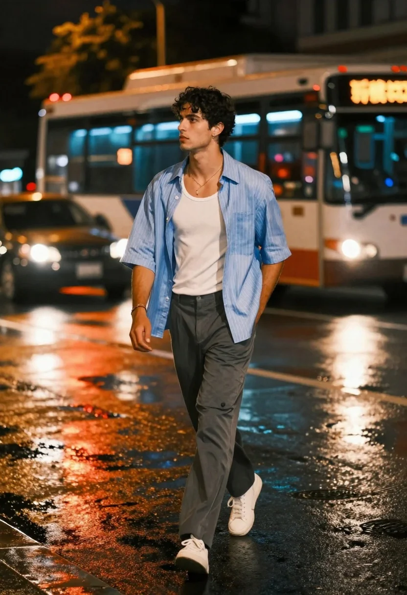 Young man walking on wet city street at night with motion blur - AI generated image prompt sample