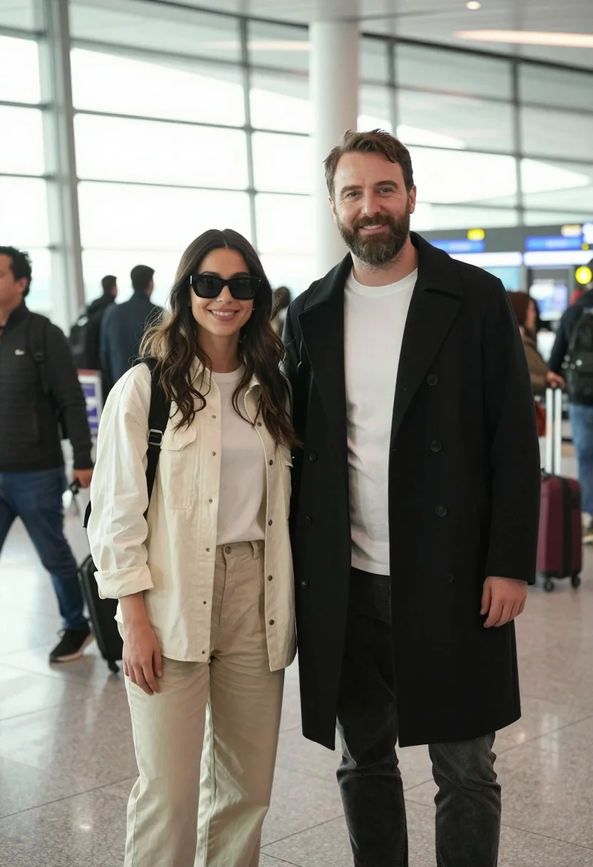 Smiling couple standing in busy airport terminal with natural daylight - AI generated image prompt sample