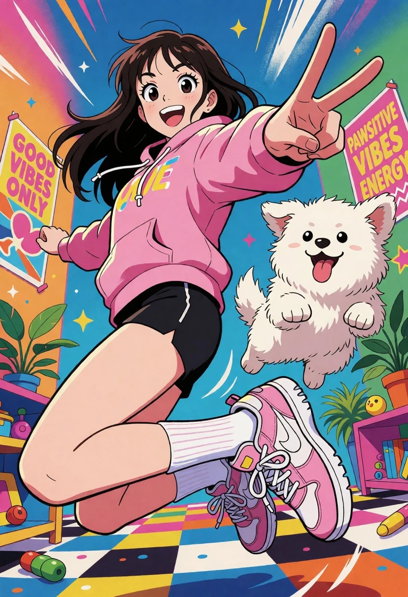 Anime illustration of cheerful girl jumping with fluffy white dog indoors - AI generated image prompt sample
