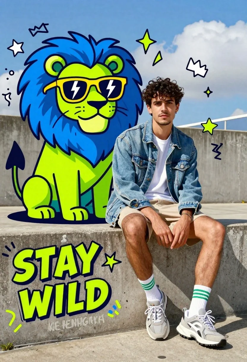 Young man sitting next to cartoon lion on concrete ledge - AI generated image prompt sample