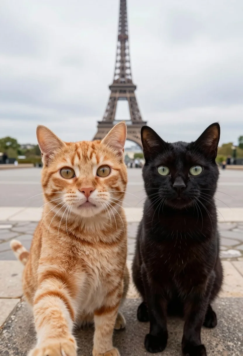 Two cats taking a selfie in front of eiffel tower paris promenade - AI generated image prompt sample
