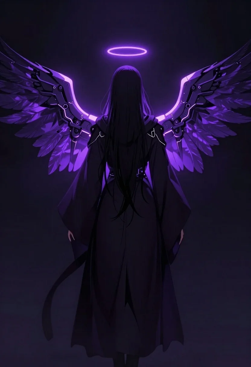 Mysterious figure with glowing mechanical wings in void