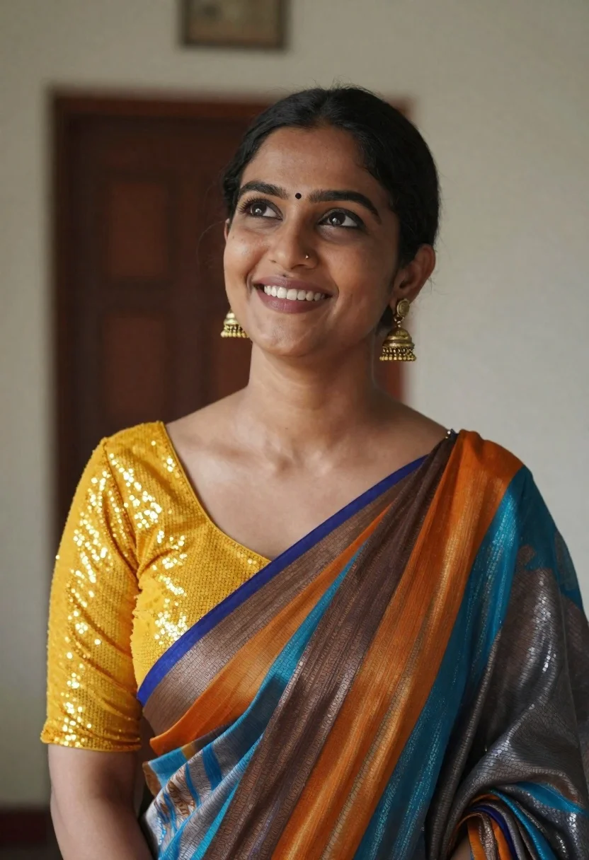 Smiling young woman in yellow blouse and striped sari indoors
