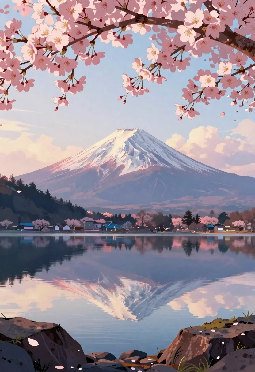 Spring landscape lake reflecting mount fuji with cherry blossoms