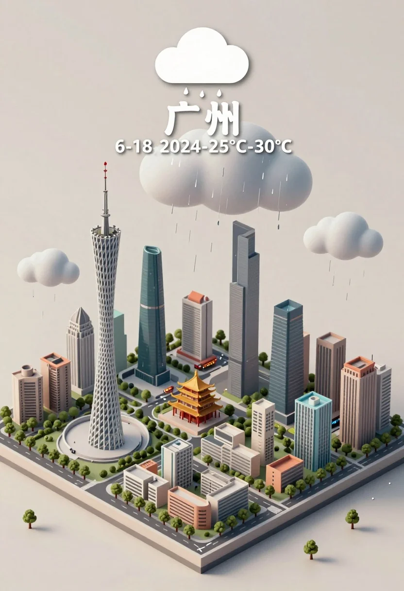 Isometric miniature model of guangzhou city under rainy sky illustration - AI generated image prompt sample