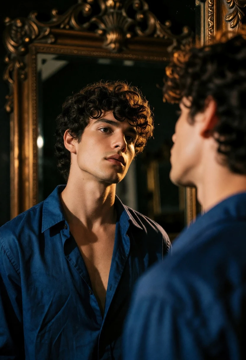 Young man gazing into ornate mirror in dimly lit interior space - AI generated image prompt sample