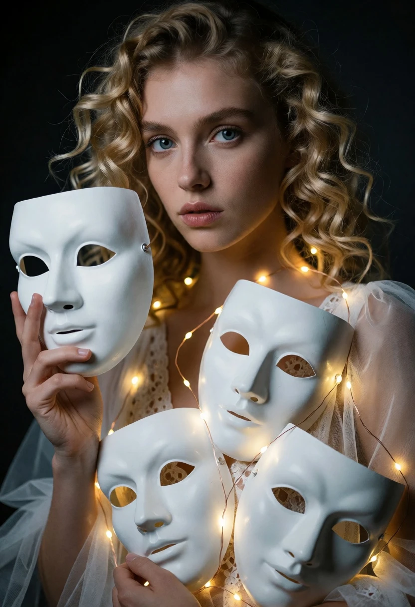 Close up portrait of blonde woman holding white theatrical masks with fairy - AI generated image prompt sample