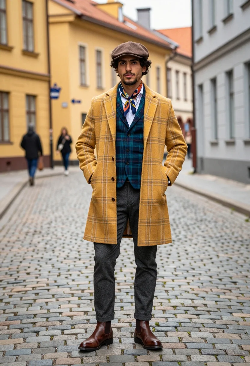 Stylish man in plaid coat stands on cobblestone european street - AI generated image prompt sample