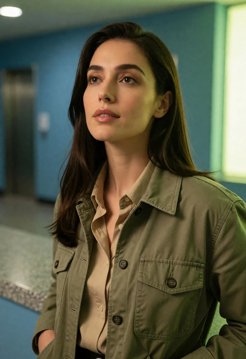 Woman in olive shirt standing indoors looking up against blue walls - AI generated image prompt sample