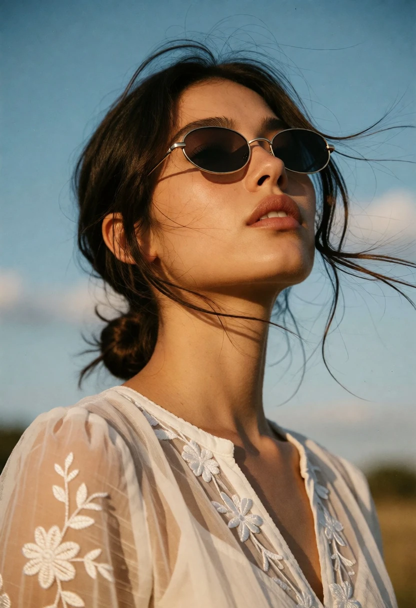 Low angle portrait of woman in white blouse against clear blue sky - AI generated image prompt sample