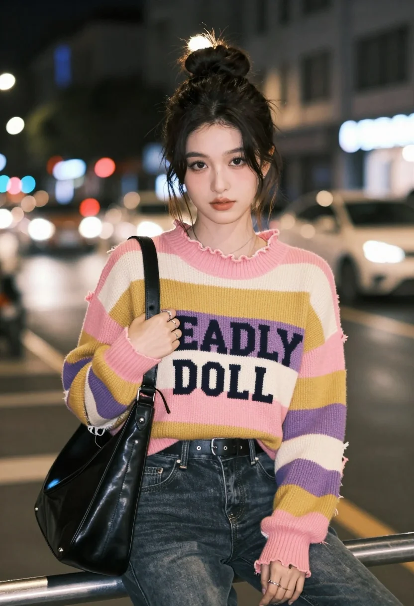 Young woman in striped sweater sitting on railing at night urban street - AI generated image prompt sample