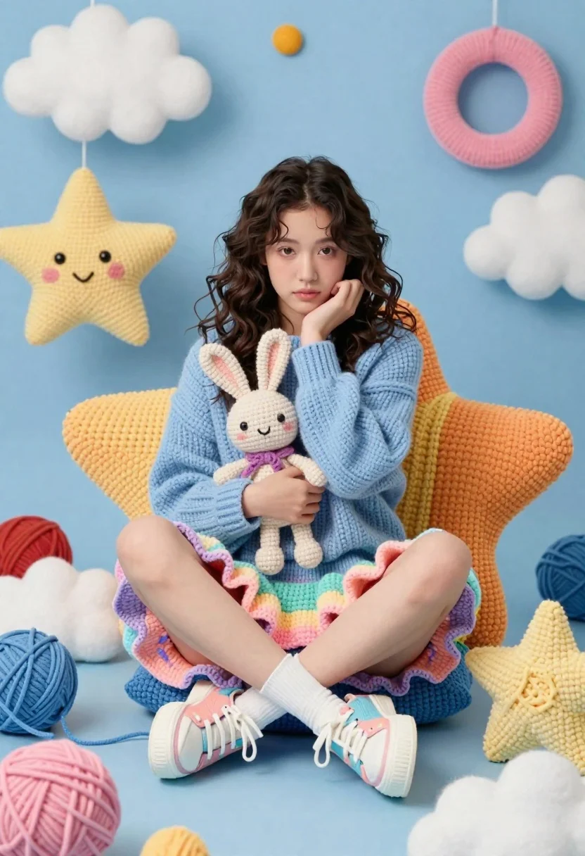 Young woman in knit sweater sitting among giant crocheted stars and clouds - AI generated image prompt sample