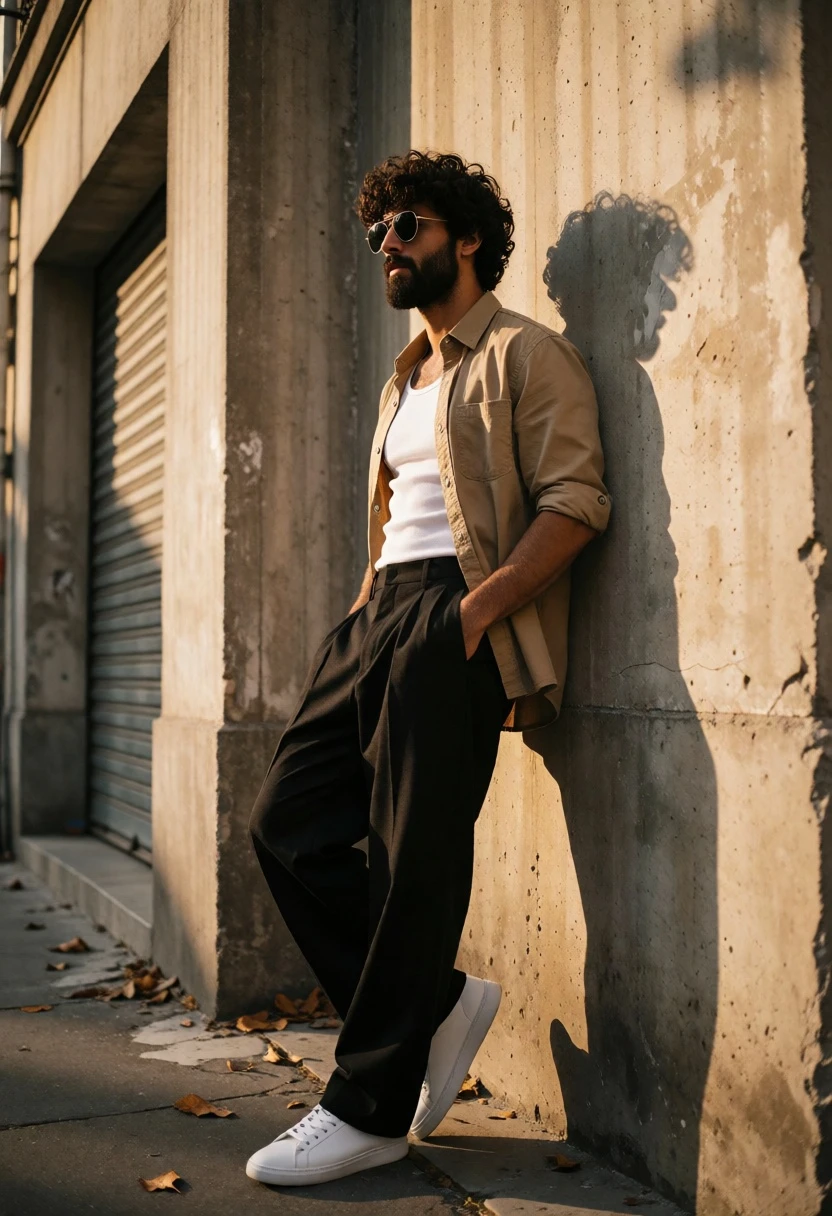 Stylish man leaning in alleyway wearing tan shirt and black trousers - AI generated image prompt sample