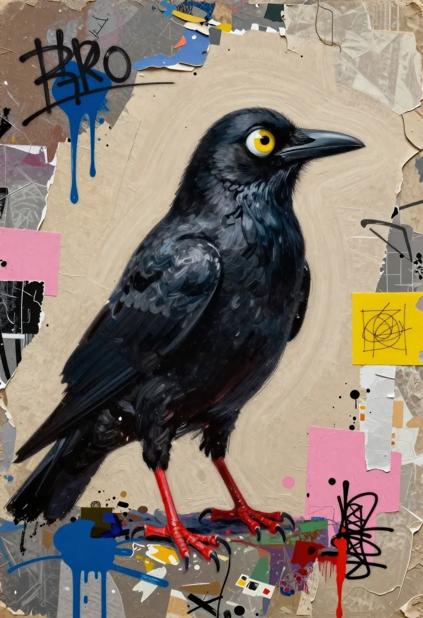 Surreal black bird collage with human eye