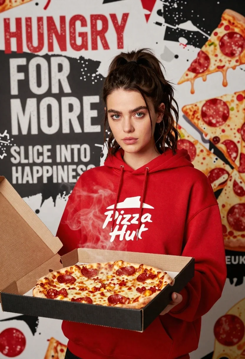 Young woman in red sweatshirt holding pepperoni pizza box against collage background - AI generated image prompt sample
