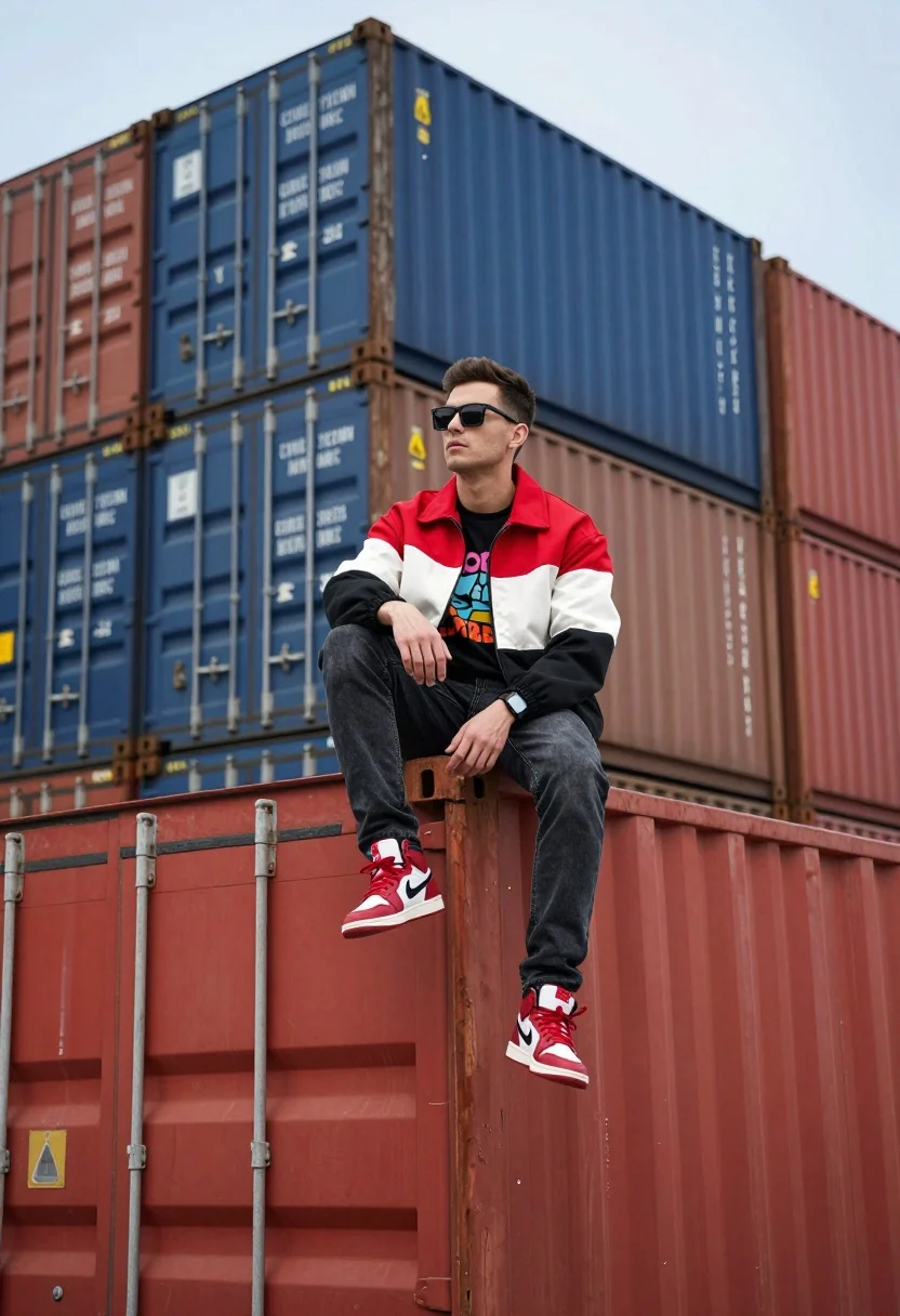 Young man sitting on red shipping container in industrial yard setting - AI generated image prompt sample